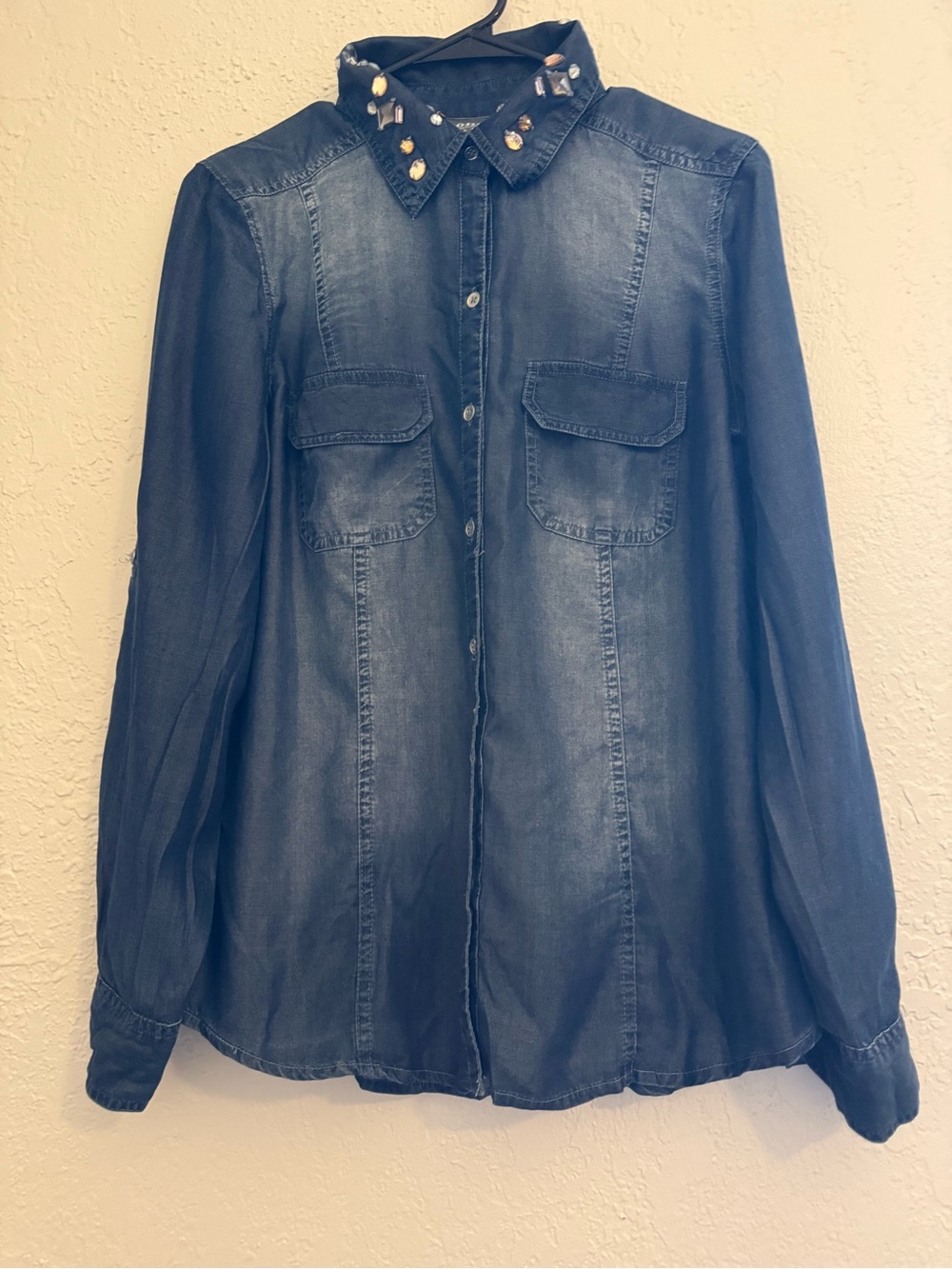 New York & Company Dark Blue Denim Button-Down with Embellished Collar